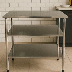 Mesa de Apoio em Aço Inox com Duas Prateleiras